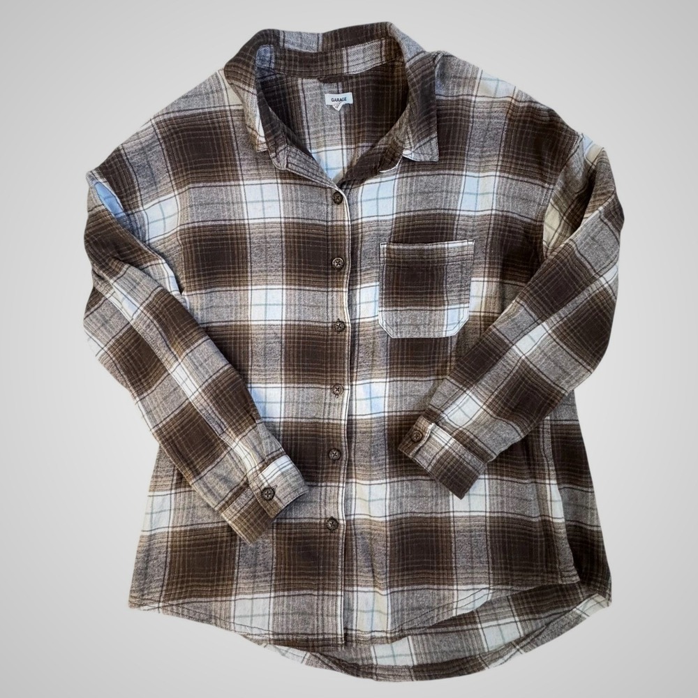 Garage Womens Brown White Plaid Flannel Button Down Shirt XS/S Cotton 121340
